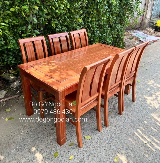 BÀN ĂN GỖ XOAN ĐÀO 6 GHẾ - MẶT LIỀN 1M6 BA 0051