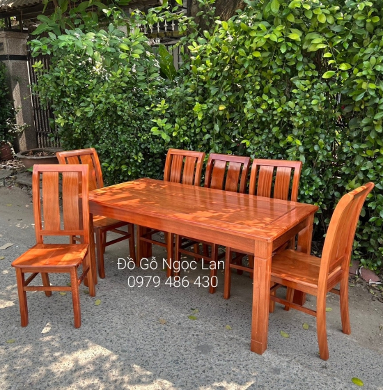 BÀN ĂN GỖ XOAN ĐÀO 6 GHẾ - MẶT LIỀN 1M6 BA 0051