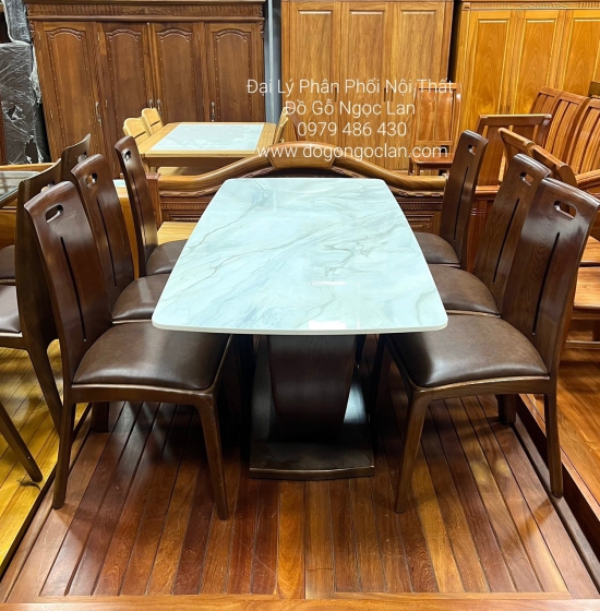 BỘ BÀN ĂN GỖ SỒI LAU MÀU ÓC CHÓ MẶT ĐÁ GHẾ NỆM 