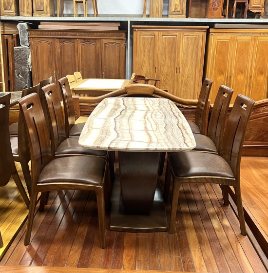 BỘ BÀN ĂN GỖ SỒI LAU MÀU ÓC CHÓ MẶT ĐÁ GHẾ NỆM 