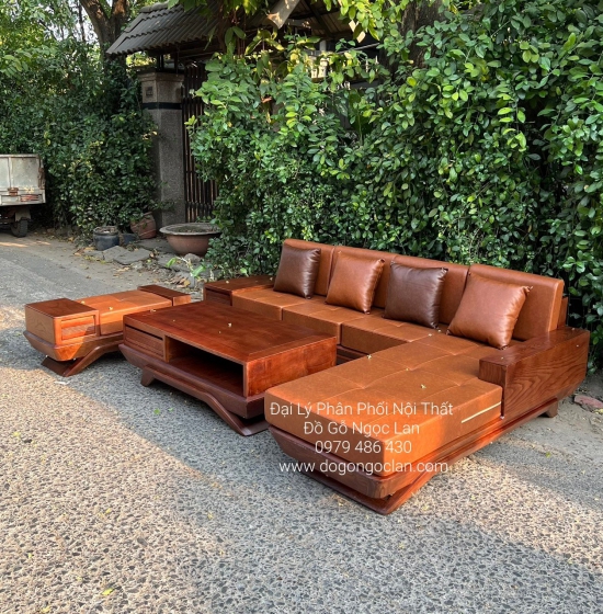 BÀN GHẾ SOFA GỖ SỒI NGA GÓC L MẪU THUYỀN 2M8X1M8 MÀU ÓC CHÓ 