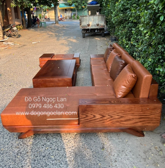 BÀN GHẾ SOFA GỖ SỒI NGA GÓC L MẪU THUYỀN 2M8X1M8 MÀU ÓC CHÓ 