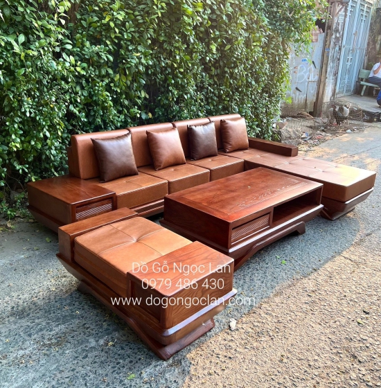 BÀN GHẾ SOFA GỖ SỒI NGA GÓC L MẪU THUYỀN 2M8X1M8 MÀU ÓC CHÓ 