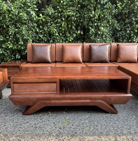 BÀN GHẾ SOFA GỖ SỒI NGA GÓC L MẪU THUYỀN 2M8X1M8 MÀU ÓC CHÓ 