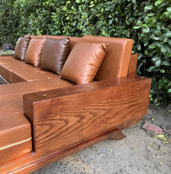 BÀN GHẾ SOFA GỖ SỒI NGA GÓC L MẪU THUYỀN 2M8X1M8 MÀU ÓC CHÓ 