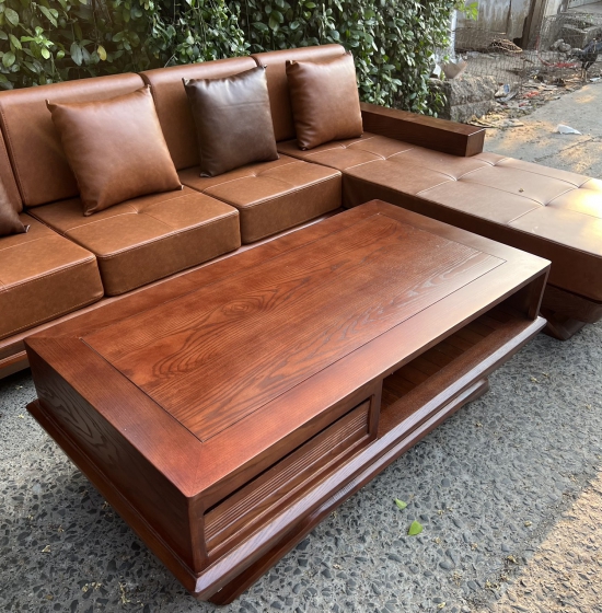 BÀN GHẾ SOFA GỖ SỒI NGA GÓC L MẪU THUYỀN 2M8X1M8 MÀU ÓC CHÓ 
