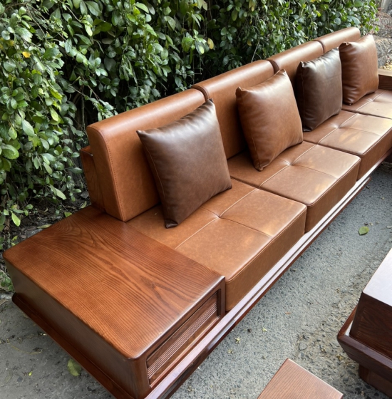 BÀN GHẾ SOFA GỖ SỒI NGA GÓC L MẪU THUYỀN 2M8X1M8 MÀU ÓC CHÓ 
