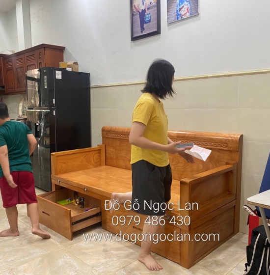 Giường Gấp Thông Minh Gỗ Gõ Đỏ 2 Ngăn Kéo Kết Hợp Bàn Sofa SFG 55.24