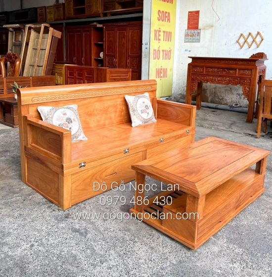 Giường Gấp Thông Minh Gỗ Gõ Đỏ 2 Ngăn Kéo Kết Hợp Bàn Sofa SFG 55.24