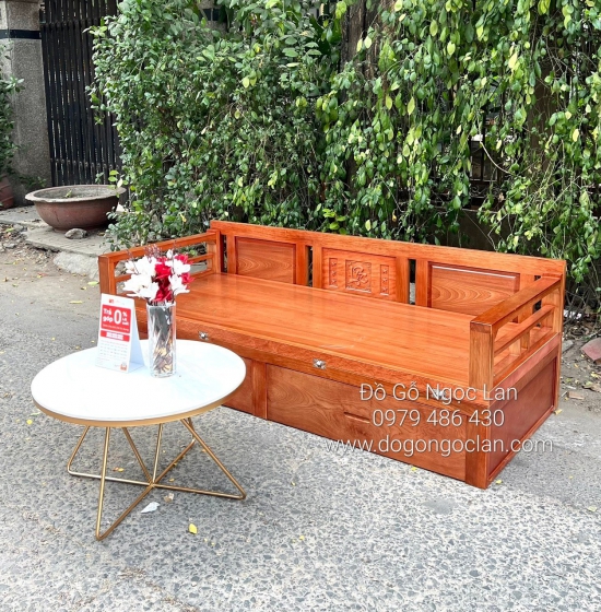 Sofa Giường Gấp Gọn Gỗ Xoan Đào 2 Ngăn Kéo 