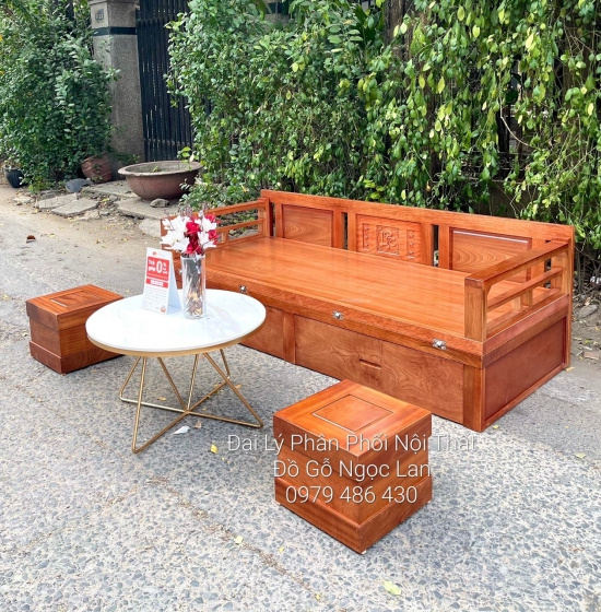 Sofa Giường Gấp Gọn Gỗ Xoan Đào 2 Ngăn Kéo 