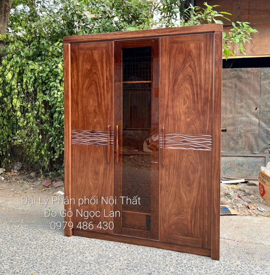 Tủ Áo 3 Cánh Gỗ Hương Xám Cánh Kính Màu Óc Chó - Cao Cấp TA 670