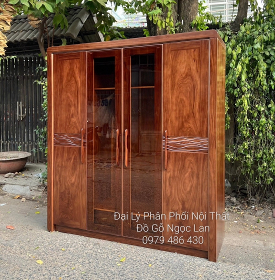 Tủ Quần Áo Gỗ Hương Xám 4 Cánh Kính Màu Óc Chó Hiện Đại - Cao Cấp
