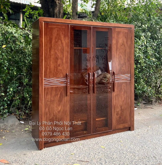 Tủ Quần Áo Gỗ Hương Xám 4 Cánh Kính Màu Óc Chó Hiện Đại - Cao Cấp
