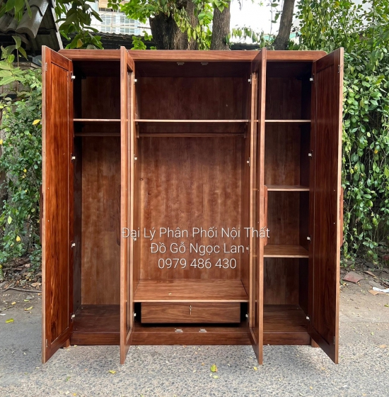 Tủ Quần Áo Gỗ Hương Xám 4 Cánh Kính Màu Óc Chó Hiện Đại - Cao Cấp