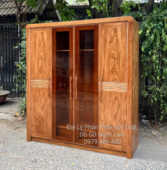 Tủ Quần Áo Gỗ Hương Xám 4 Cánh Kính Hiện Đại - Cao Cấp 