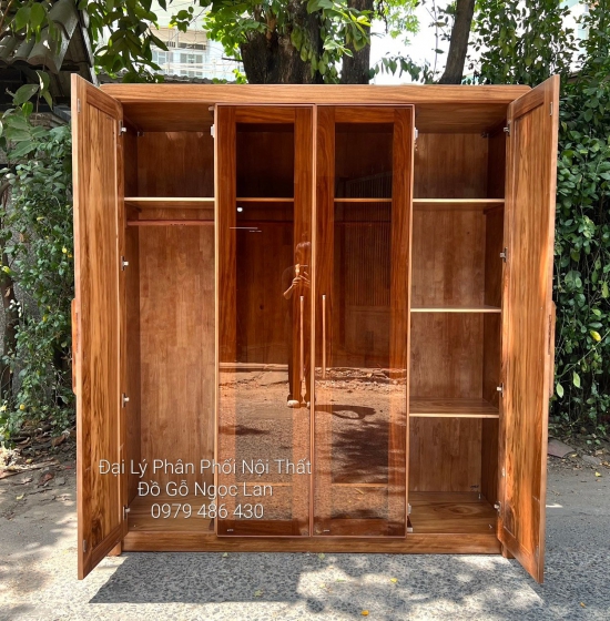 Tủ Quần Áo Gỗ Hương Xám 4 Cánh Kính Hiện Đại - Cao Cấp 