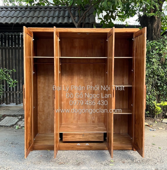Tủ Áo Gỗ Hương Xám 4 Cánh Thiết Kế Sang Trọng Mẫu Cánh Sóng 