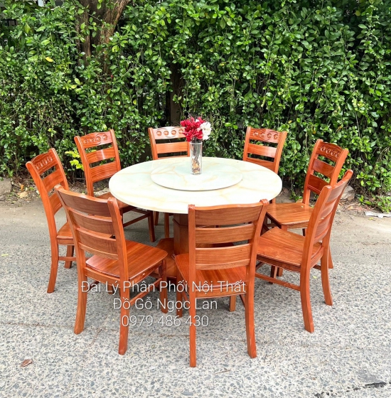 Bàn Ăn 8 Ghế Gỗ Xoan Đào Bàn Tròn Mặt Đá Mâm Xoay Cao Cấp 