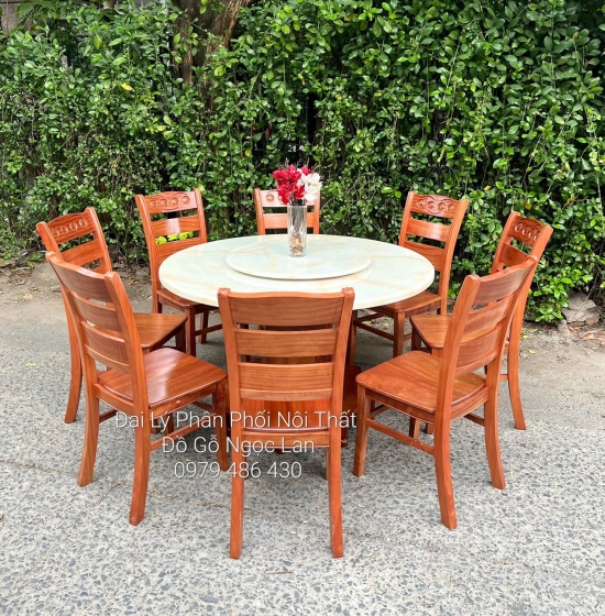 Bàn Ăn 8 Ghế Gỗ Xoan Đào Bàn Tròn Mặt Đá Mâm Xoay Cao Cấp 