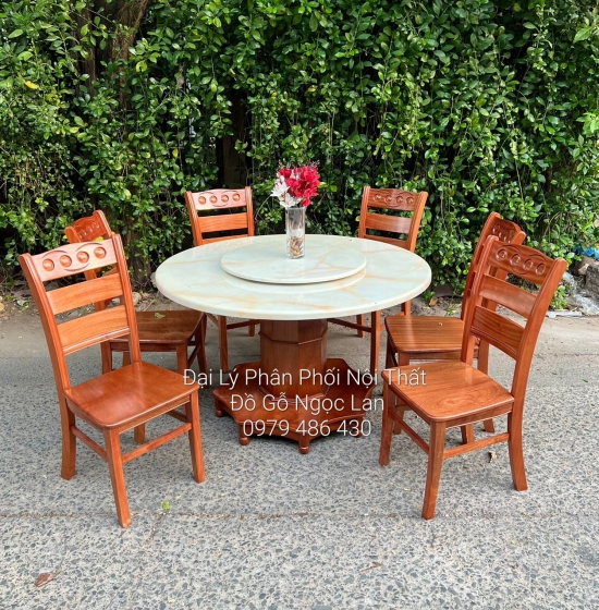Bàn Ăn 8 Ghế Gỗ Xoan Đào Bàn Tròn Mặt Đá Mâm Xoay Cao Cấp 