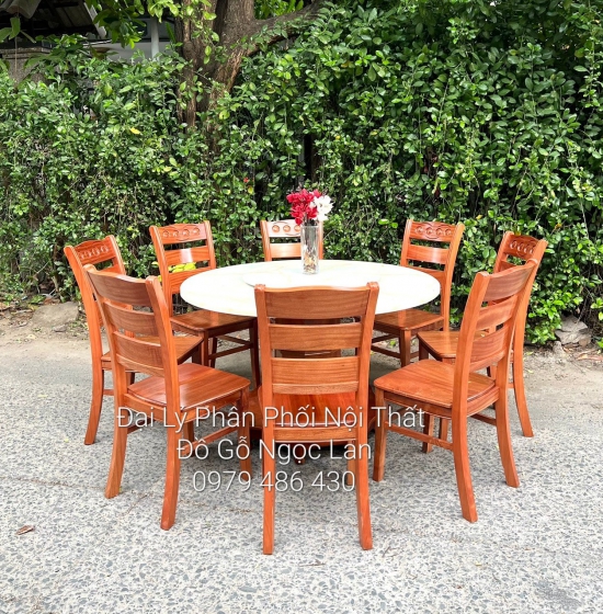 Bàn Ăn 8 Ghế Gỗ Xoan Đào Bàn Tròn Mặt Đá Mâm Xoay Cao Cấp 