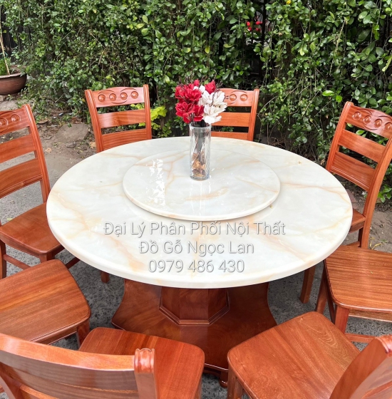Bàn Ăn 8 Ghế Gỗ Xoan Đào Bàn Tròn Mặt Đá Mâm Xoay Cao Cấp 