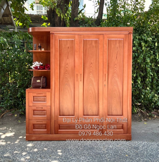 TỦ QUẦN ÁO GỖ XOAN ĐÀO 3 CÁNH HIỆN ĐẠI KÈM KỆ TRANG TRÍ - GÓC TRÁI