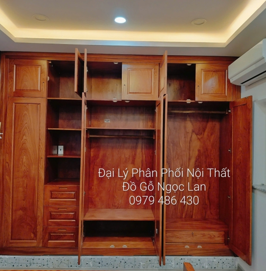 Tủ Quần Áo Hàng Đặt Theo Thiết Kế Yêu Cầu 6 Cánh Cao 2 Tầng Gỗ Hương Đá
