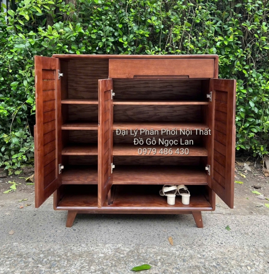Tủ Giày Dép Gỗ Sồi Nga Màu Óc Chó Nâu 3 Cánh Mở Chân Cao - Hiện Đại
