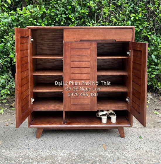 Tủ Giày Dép Gỗ Sồi Nga Màu Óc Chó Nâu 3 Cánh Mở Chân Cao - Hiện Đại
