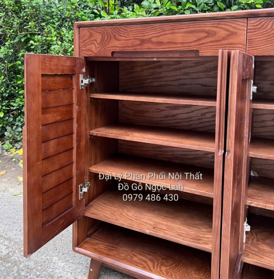 Tủ Giày Dép Gỗ Sồi Nga Màu Óc Chó Nâu 3 Cánh Mở Chân Cao - Hiện Đại
