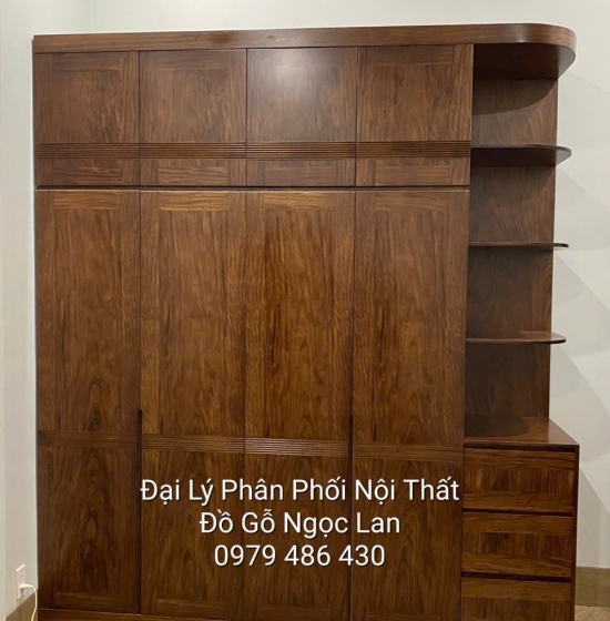 TỦ QUẦN ÁO GỖ HƯƠNG XÁM MÀU ÓC CHÓ 4 CÁNH KÈM GÓC CAO 2 TẦNG HÀNG ĐẶT