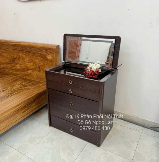 Bàn Trang Điểm Thông Minh Gỗ Sồi Lau Màu Óc Chó Gương Đèn Les