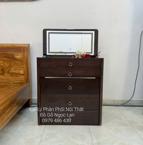 Bàn Trang Điểm Thông Minh Gỗ Sồi Lau Màu Óc Chó Gương Đèn Les