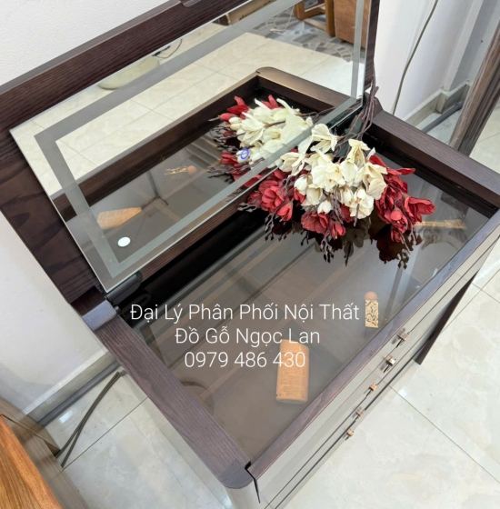 Bàn Trang Điểm Thông Minh Gỗ Sồi Lau Màu Óc Chó Gương Đèn Les