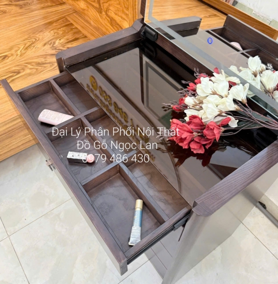 Bàn Trang Điểm Thông Minh Gỗ Sồi Lau Màu Óc Chó Gương Đèn Les