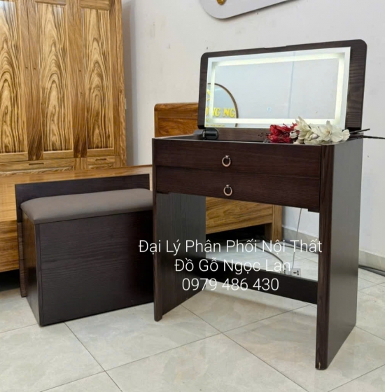Bàn Trang Điểm Thông Minh Gỗ Sồi Lau Màu Óc Chó Gương Đèn Les