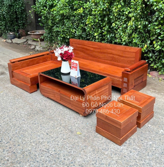 Bộ Bàn Ghế Sofa Gỗ Xoan Đào Góc L Bàn Bom Đơn Giản - Hiện Đại 