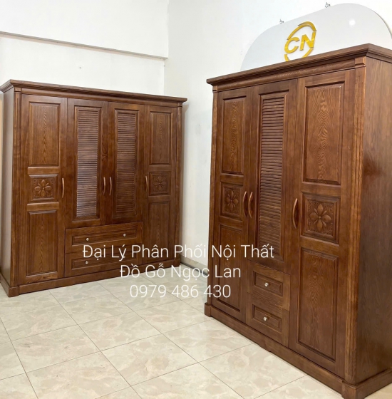Tủ Quần Áo 3 Cánh Gỗ Sồi Màu Óc Chó Mẫu Hoa Thị Cao Cấp