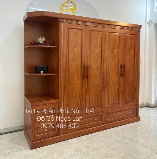 Tủ Quần Áo 4 Cánh Gỗ Hương Đá Kèm Kệ Trang Trí Vế Trái - Hiện Đại