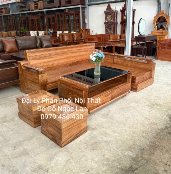 Sofa Gỗ Hương Xám Góc L Tựa Soi 2m1x1m6 Bàn Bom Hiện Đại