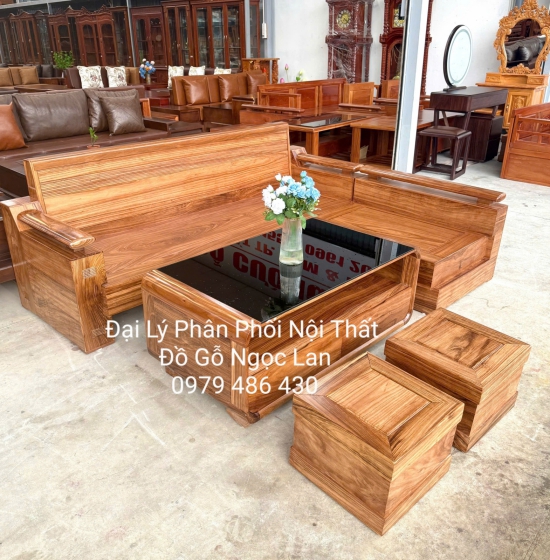 Sofa Gỗ Hương Xám Góc L Tựa Soi 2m1x1m6 Bàn Bom Hiện Đại
