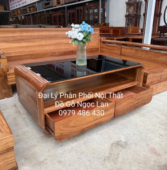 Sofa Gỗ Hương Xám Góc L Tựa Soi 2m1x1m6 Bàn Bom Hiện Đại