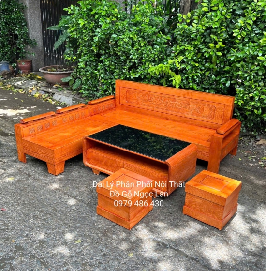 Bộ Sofa Gỗ Sồi Nga Góc L Tựa Cảnh Bàn Bom Lau Màu 2m x 1m8