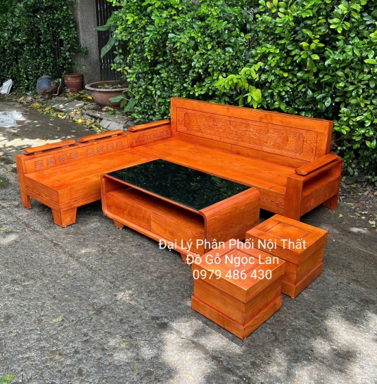 Bộ Sofa Gỗ Sồi Nga Góc L Tựa Cảnh Bàn Bom Lau Màu 2m x 1m8