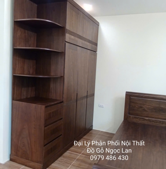 Tủ Quần Áo Gỗ Mun 3 Cánh Kèm Kệ Trang Trí Vế Trái Cao 2 Tầng - Hiện Đại 