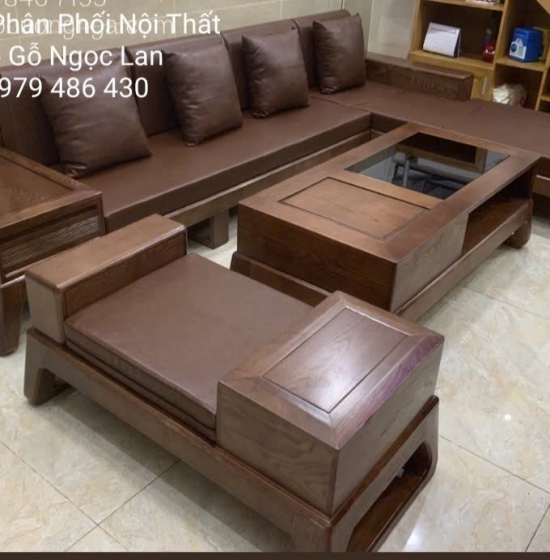 Ghế Sofa Gỗ Sồi Nga Góc L Lau Màu Óc Chó Kèm Nệm Da Cao Cấp 2m8x1m8