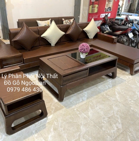 Ghế Sofa Gỗ Sồi Nga Góc L Lau Màu Óc Chó Kèm Nệm Da Cao Cấp 2m8x1m8