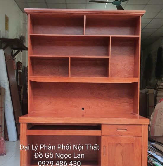 Bàn Học Sinh Gỗ Hương Đá Liền Kệ Sách Cao Cấp 1m2, Hàng Đặt